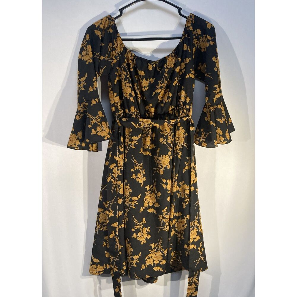 Jeceika Floral Off the Shoulder Dress Size S Black Gold Ruffle Bell Sleeve Boho
